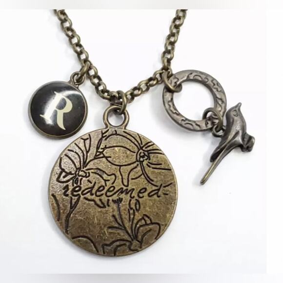 PENDANT NECKLACE “Redeemed” Floral Medallion, 3D Bird, R Charm Bronze Religious - Picture 1 of 12